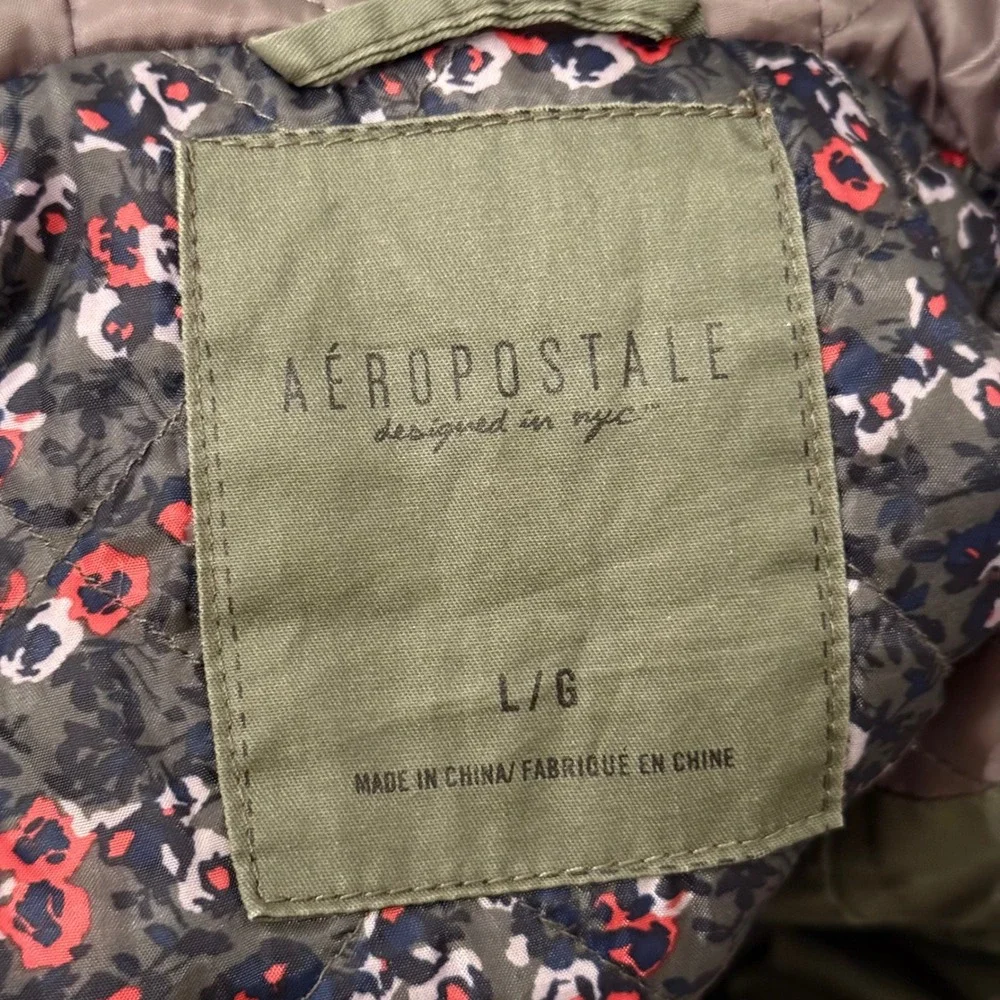 Aeropostale Jacket Utility Toggle Hooded Floral Lined Olive Green Women Large
